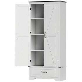 72" Farmhouse Pantry Cabinet with Adjustable Shelves, Kitchen Pantry Cabinet with 2 Doors, Distressed White