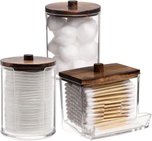Bathroom Organizer Accessories Set-10 OZ Qtips Holder Storage with Wood Lids, Cotton Ball/Swabs Dispenser, Apothecary Container Jar 3 Pcs