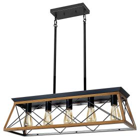 32" Walnut Industrial 5-Light Pendant Chandelier, Modern Metal Cage Design, Adjustable Hanging Light for Dining Room, Kitchen, Living Room (No Bu