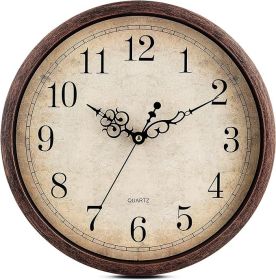 Vintage Brown Wall Clock Silent Non Ticking 12 Inch Quality Quartz Battery Operated Round Decorative Easy to Read for Home Kitchen Living/Dining