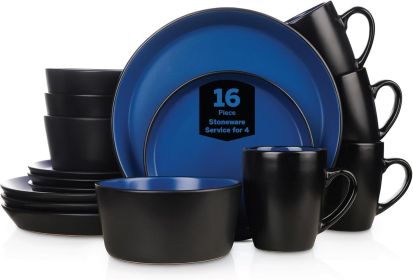 16-Piece Modern Dinnerware Set, Kitchen Plates and Bowls Sets, Service for 4, Blue and Black, Microwave & Dishwasher Safe