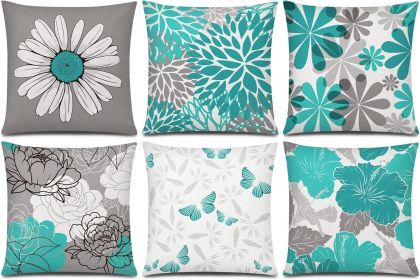 Teal Grey Pillow Covers 18x18 Set of 6 Decorative Daisy Flower Throw Pillow Cover for Couch Modern Turquoise Pillow Case for Patio Living Room Cu