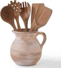 Rustic Kitchen Utensil Holder - 7.6 Inch Ceramic Utensil Crock for Countertop, Vintage Kitchen Counter Decor