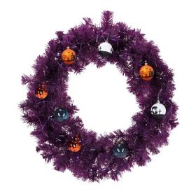 24in Pre-lit Halloween-Themed Christmas Wreath, Lighted Artificial Xmas Wreath With 50 Purple & Orange Lights And 100 PVC Tips And DIY Ball Ornam (Option: defaulttitle)