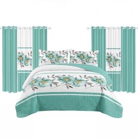 9 Piece Room In A Bag Quilt And Curtain Set, US Designer Teal Floral Botanical Print Heavyweight Bedspread With 6 Customizable Window Panels, Pet (Option: CAL KING)