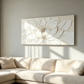 24x48 White Lotus Flower Canvas Wall Art, Hand-Painted Textured Floral Painting with Gold Foil & Stone Center, Framed Neutral Wall Decor for Livi (Option: Antique White)