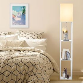 62.9 Inch Floor Lamp with Storage Shelves, Solid Wood Tall Corner Lamp with Bulb, Space Saving Standing Light for Living Room, Bedroom (Color: White)
