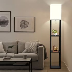 62.9 Inch Floor Lamp with Storage Shelves, Solid Wood Tall Corner Lamp with Bulb, Space Saving Standing Light for Living Room, Bedroom (Color: Black)
